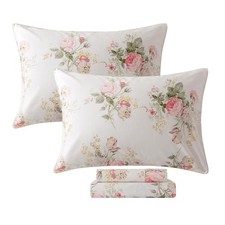 100 Cotton Cal King Bed Sheet Set, 4 Piece Pink Rose Floral Printed Bedding,...
