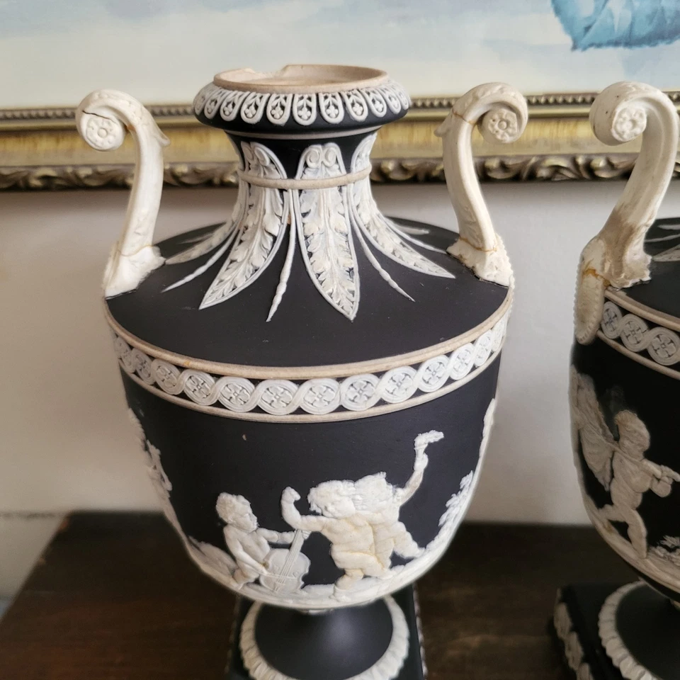 Wedgwood England Jasperware Black Pair Urn Vase - image 3 of 4