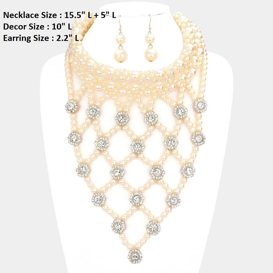 Collar Largo Crema Dorado Grueso Babero Distintivo Perla Multi Cuentas Cristal Capas