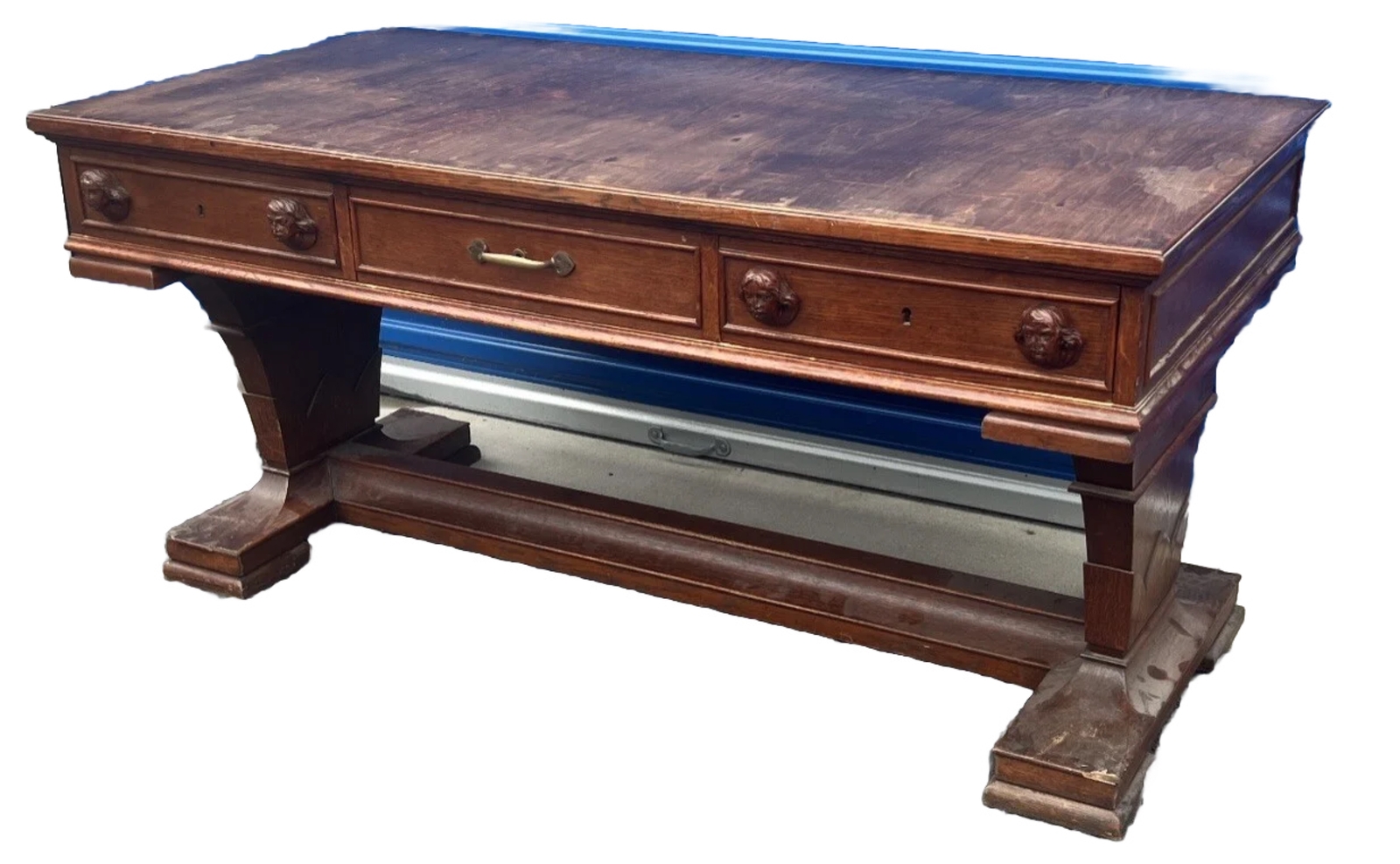 Antique Wood Carved Renaissance Cherunb faces 3 Drawer Desk Gothic Revival Ships