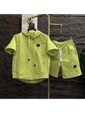 Completo Sportivo Tuta Set Maglia T-shirt Pantaloni Corti Verde Cappuccio 73012