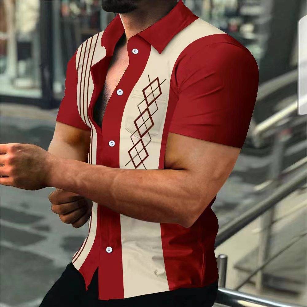 Button Down Shirts Mens Pocket Red Off White Short Sleeve Classic Party Dress Up