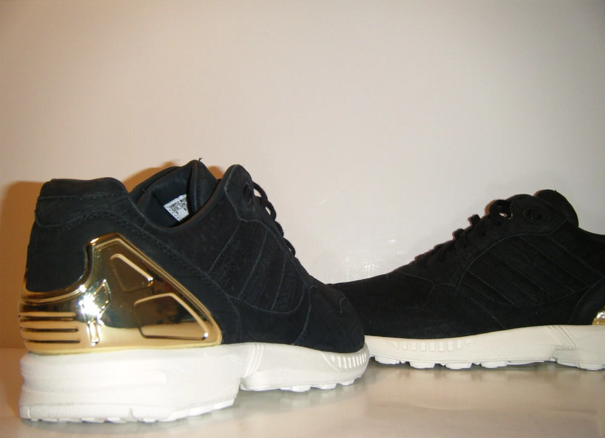OG Womens Adidas ZX Flux Black Leather Snake Sample Sz. 7 White Gold Xeno S82489