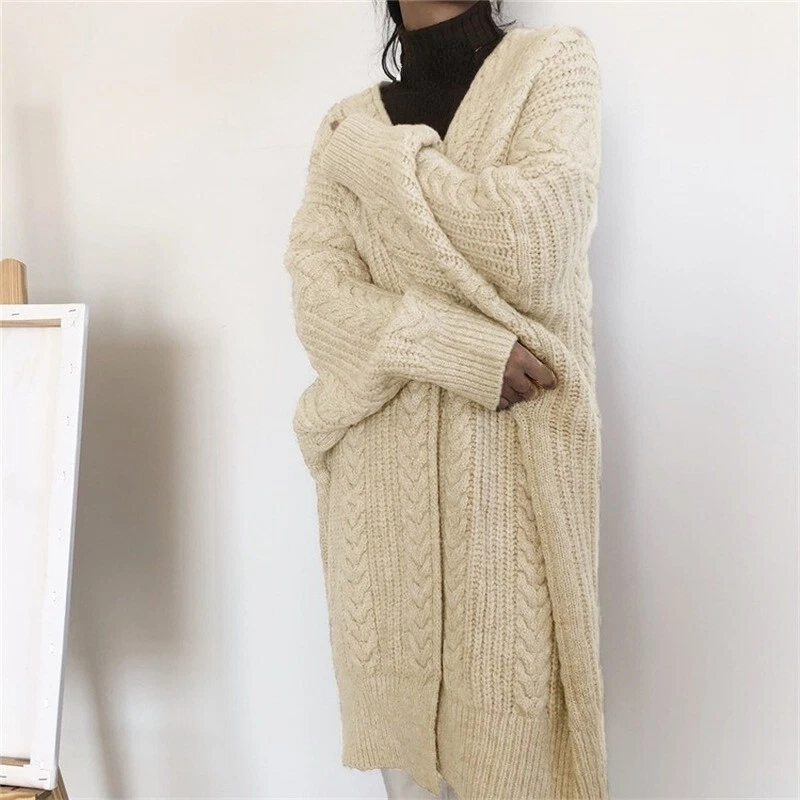 Lady Long Knitted Cardigan Sweater Chunky Loose Open Front Autumn