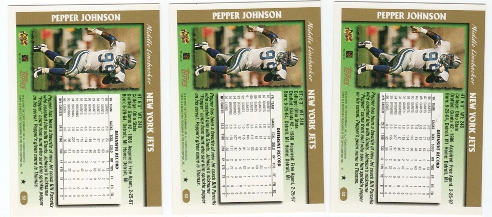 PEPPER JOHNSON Autographed Signed Auto 1997 Topps #52 Detroit Lions - Image 2 of 2