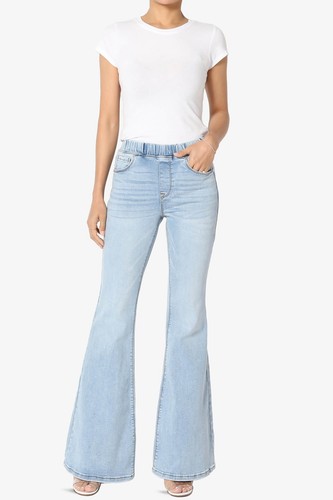 TheMogan Elastic Waist High Rise Full Length Stretch Denim Flare Leg Jeans - Picture 20 of 26