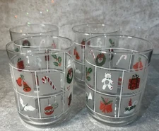 Vintage Set of 4 Libby Holiday Glasses Low Ball Whiskey Egg Nog 10 oz Mint Cond