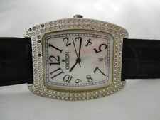 Croton Watch Silver Tone Black Buckle Band Sparkly Mother of Pearl Face WORKING