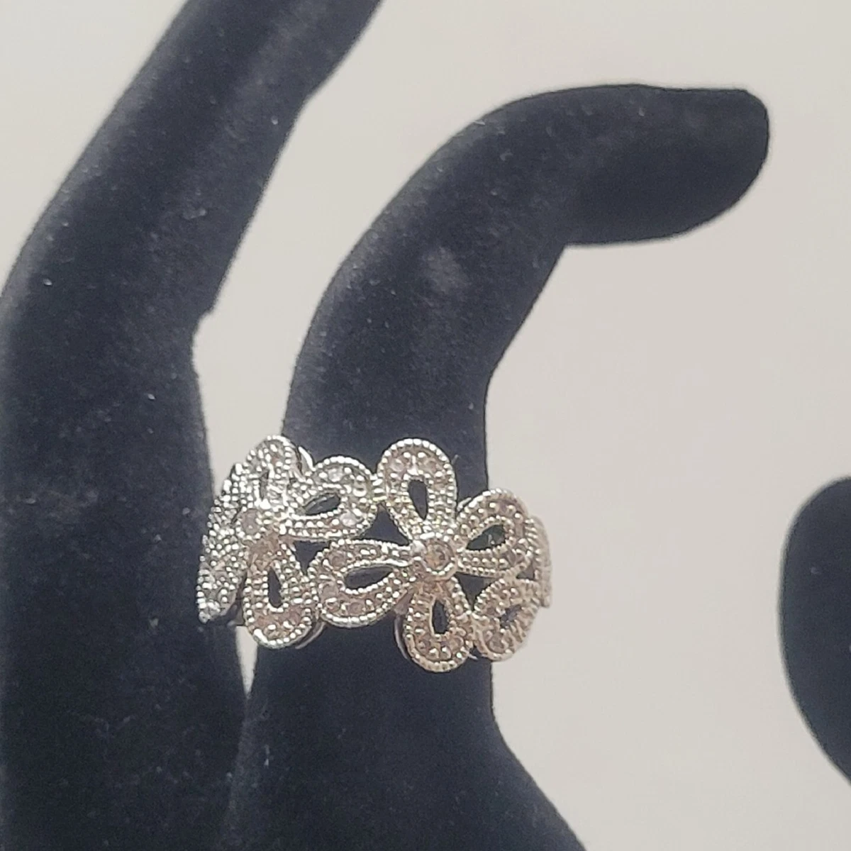 Lia Sophia Ring Size 7 ABLOOM Flowers Silver Tone CZ s Pave Wide Band
