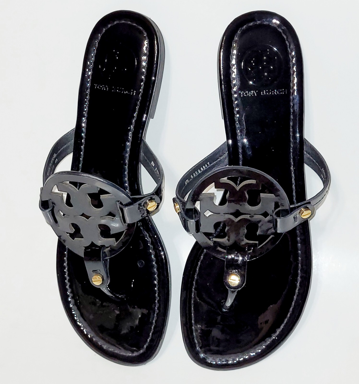 Tory Burch Miller Sandals Logo Black Patent Leather Thong FlipFlop Flats Wms 10M thumbnail 12