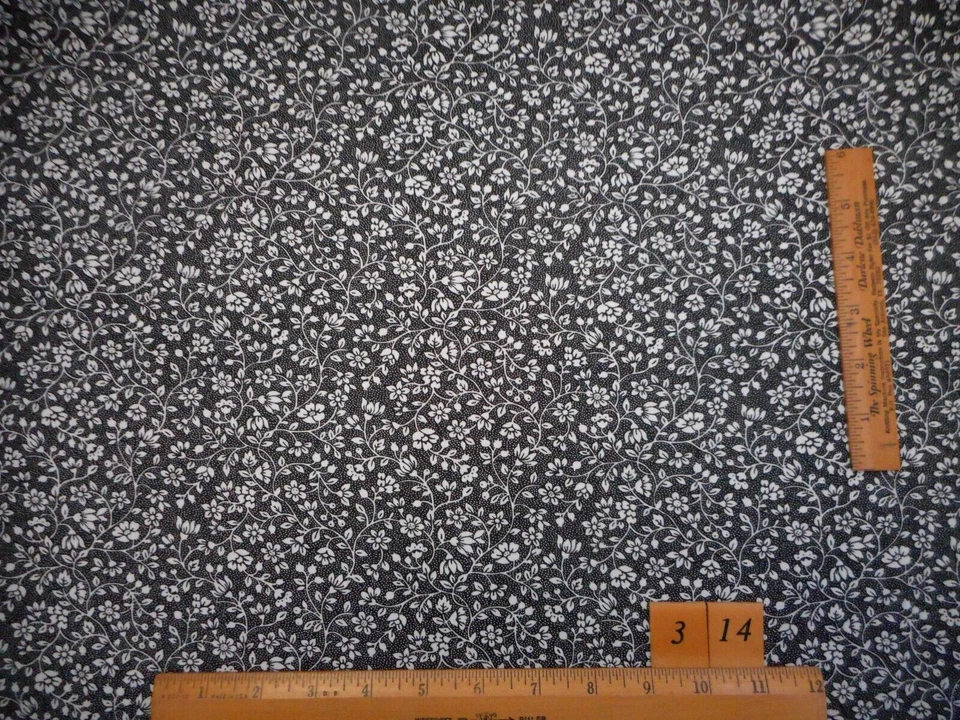 Civil War Reproduction Fabric 7/8 Yard White Floral Vines & Dots Black Cotton - Image 2 of 2