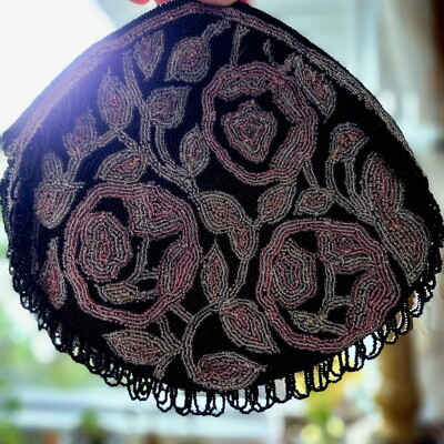 Vintage Saks Fifth Avenue Black Silver Pink Intricate Flower Beaded Clutch