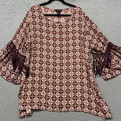 Ali Miles Top Womens 3X Brown Geometric Fringe Art Artsy Eclectic Blouse