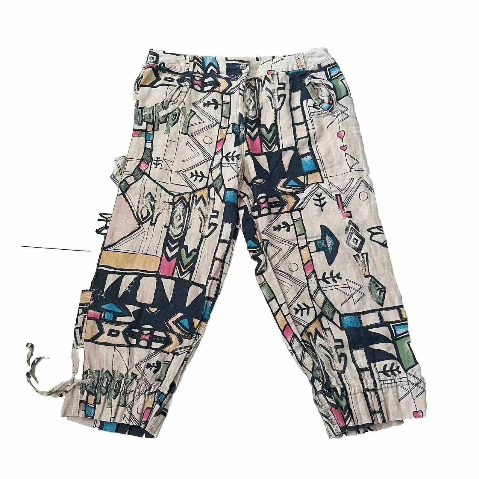 Chico's Pants Womens 12 Brown Abstract Print 100% Linen Capri Pants Lagenlook
