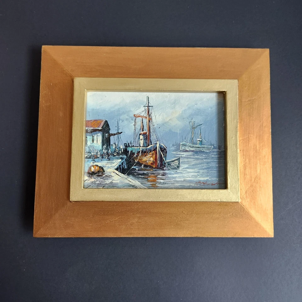 Paisagem marítima óleo sobre tela emoldurada assinada 5x7 - Imagem 2 de 3