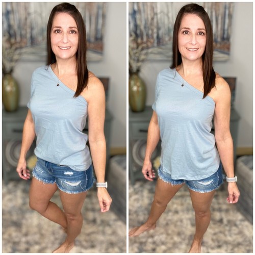 Sexy Top Womens Extra Large Blue One Shoulder Short Sleeve Relaxed Cotton Beach - Picture 2 of 17