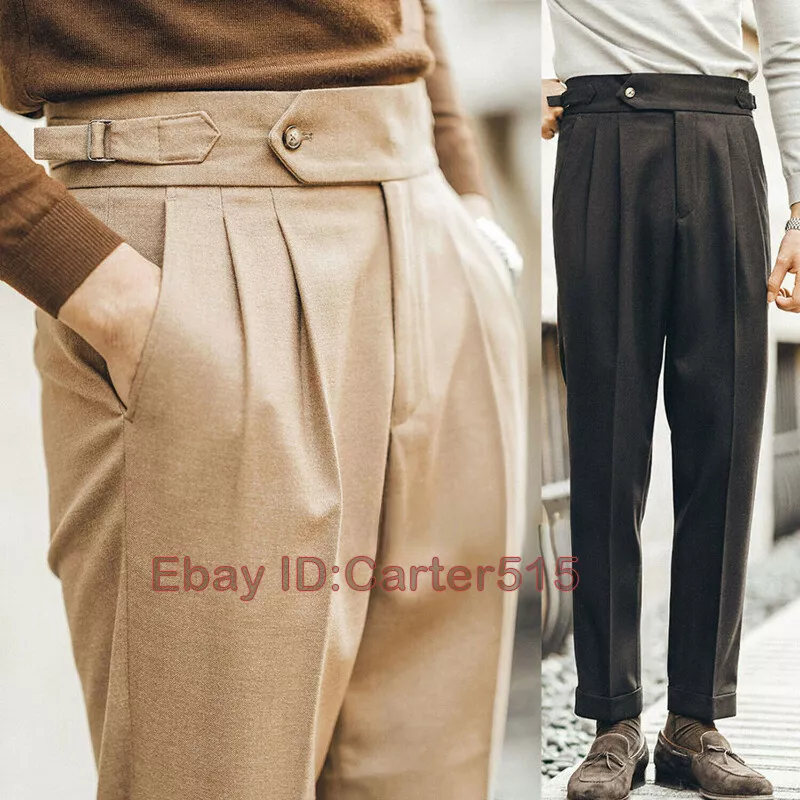 Winter Men's Paris Buckle Pleated Trousers Naples Pants Casual High Waist  Pants