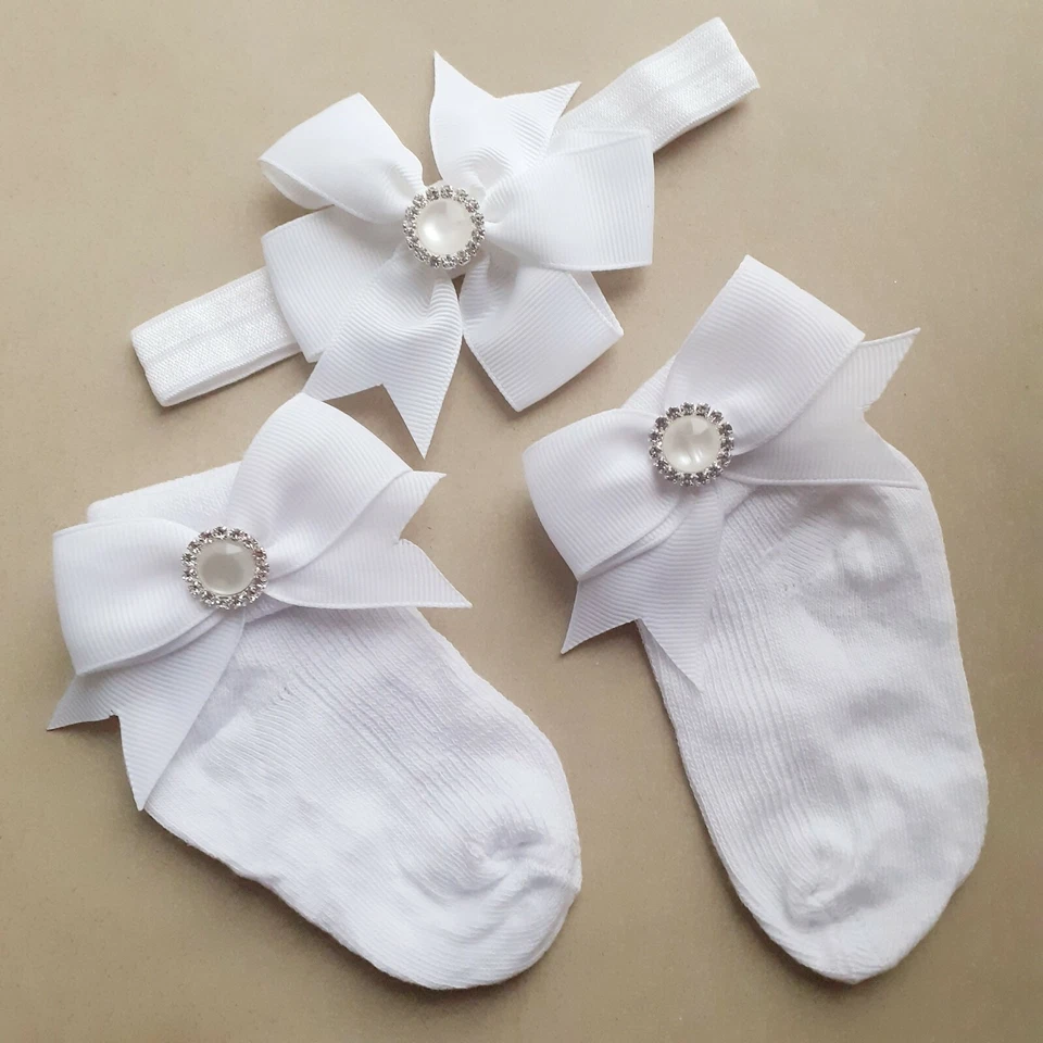 Baby Girĺ Socks and Headband, white baby set, baptism girl socks - Image 3 of 4