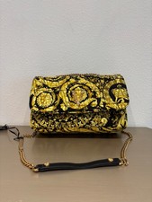 Versace Virtus Barocco Print Quilted Black and Gold Silk Shoulder Bag Pre Owned