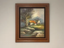 Framed Oil Painting Art Cottage In Nature Signed Original Painting