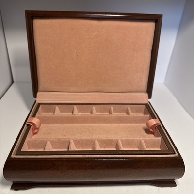 VTG Reed & Barton Eureka 2 Tier Wood Jewelry Box Pink Velvet Lining 10x6.5''