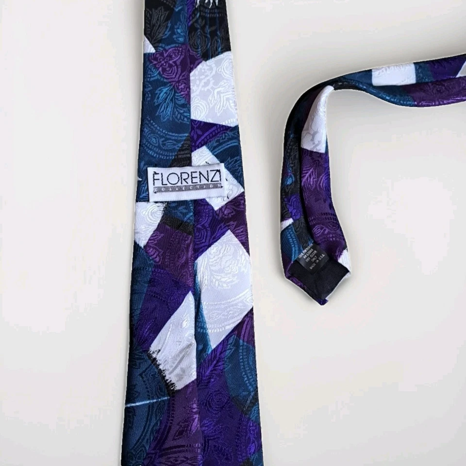 Florenz Hombre Próxima Corbata Púrpura, Negra, Crema, Verde Azulado Abstracto Moderno Hecho en EE. UU. Foto 4 de 4