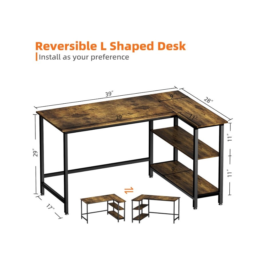 39" L-Shaped Home Office Computer Desk w Shelves, Rustic Brown w Black Frame