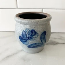 Vtg Rockdale Union Stoneware Utensil Mini Crock Hand Made Floral Salt Glaze 1990