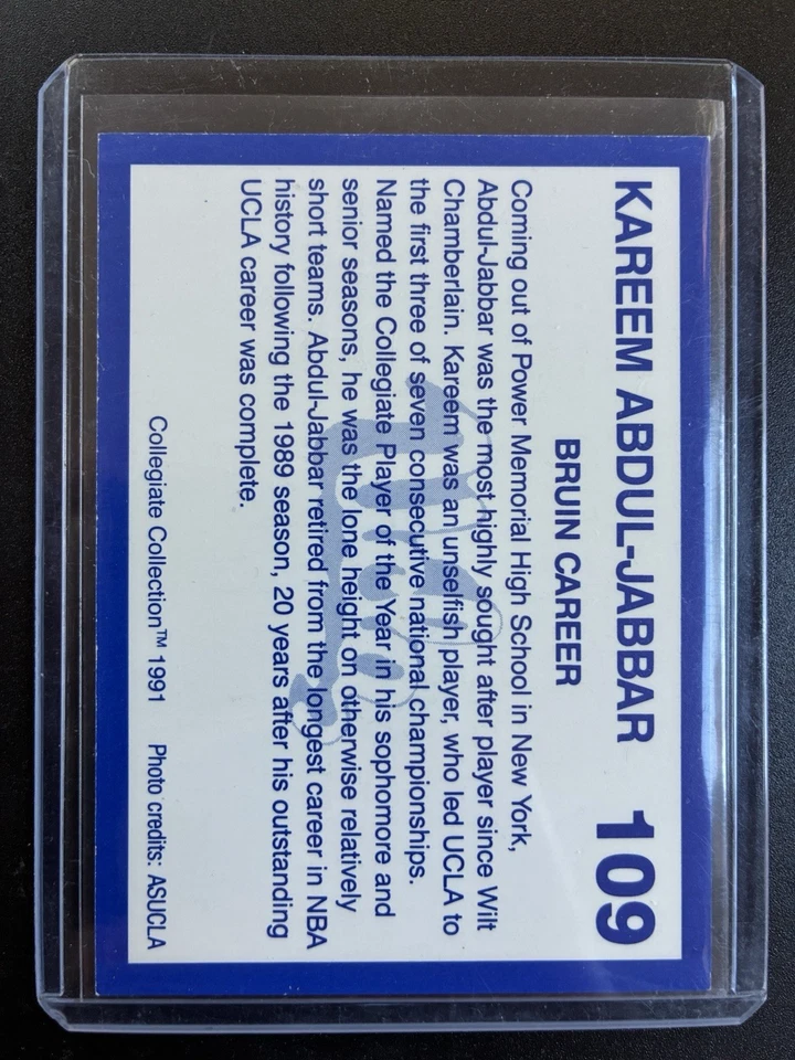 Kareem Abdul-Jabbar 1991 Collegiate Collection Basketball Card HOF UCLA #109 - Image 2 of 2