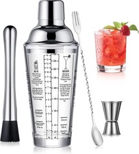 Glass Cocktail Shaker Set Mixing Bar Tools Stainless Steel Leak-Proof Lid Boston