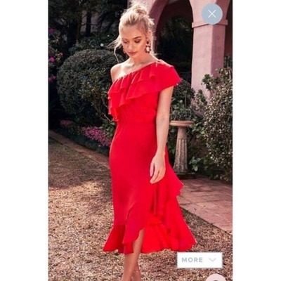 SHEIKE Flamingo Red Christmas One Shoulder Ruffle Midi Dress NWT Size 8AU / 4US