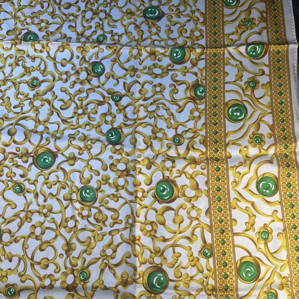 Vintage Oscar de la Renta Silk Scarf Abstract Geometric Green Gold 35” Square - Image 3 of 4