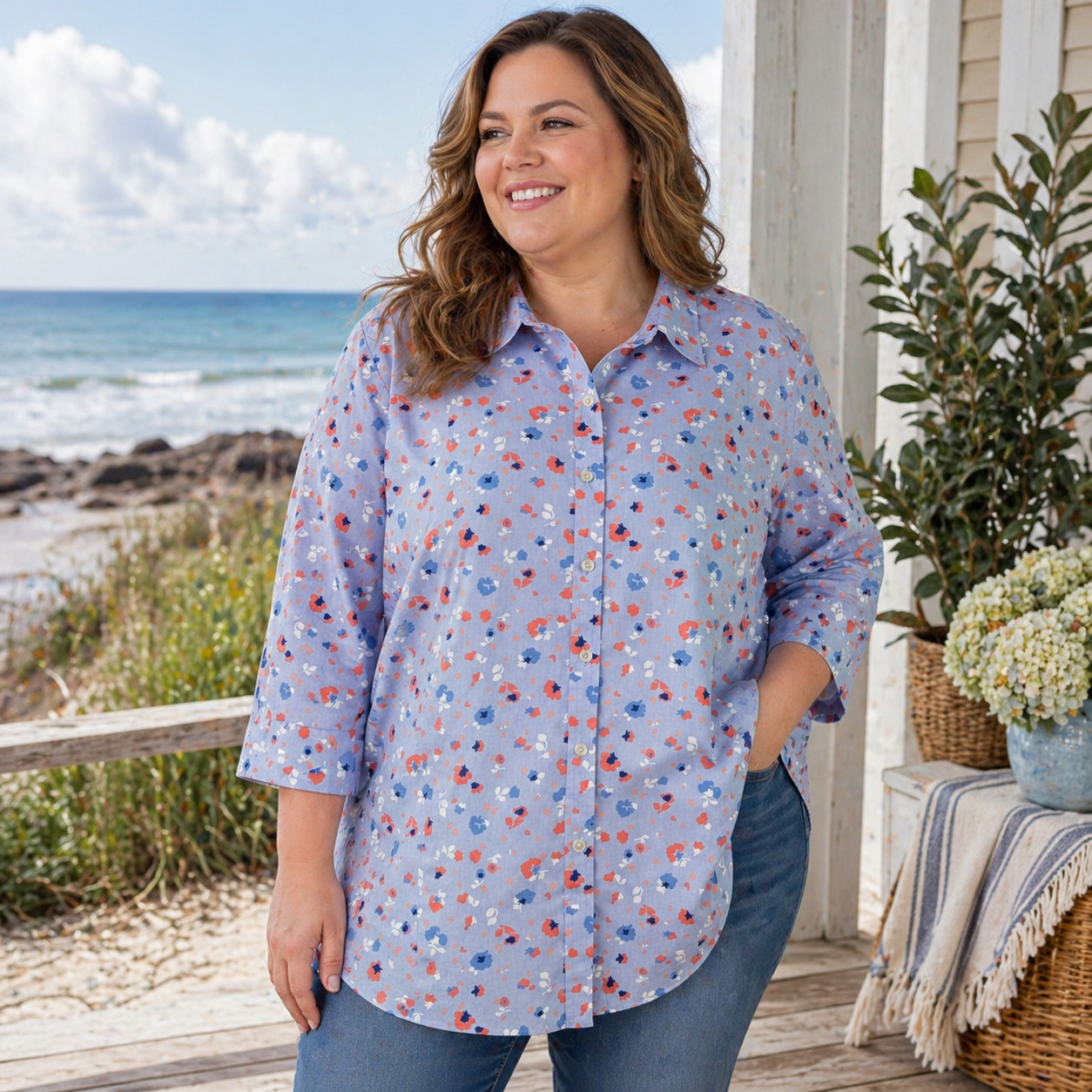 LL Bean Womens Button Down Top Plus Size 3X Blue Floral Print Lightweight Cotton