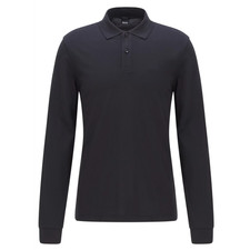 NWT HUGO BOSS Slim Fit 100 Cotton Long Sleeve Polo Shirt Dark Blue Blk S/XL