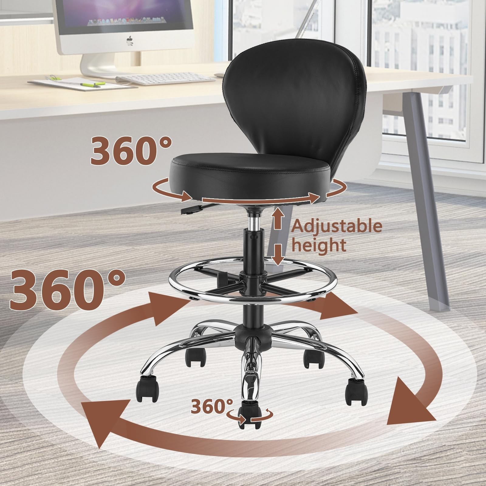 Black Drafting Chair Rolling Swivel Salon Seat Adjustable Height with Foot Rest