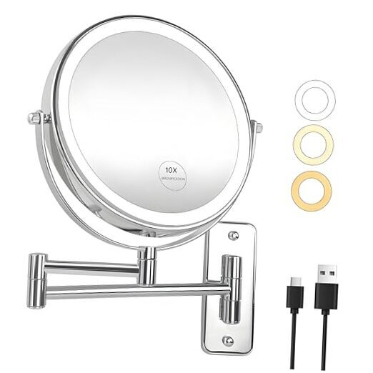 10X Magnification Wall Mount Rechargeable LED Makeup Mirror Dual-Sided 1X 10X
