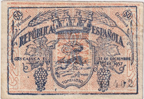 Billet Tomelloso 50 Centimes 1937 - Conseil Municipal De Tomelloso - Rare - Photo 2 sur 2