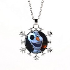 Girls' Silver Tone Olaf Frozen Round Glass Snowflake Pendant Necklace