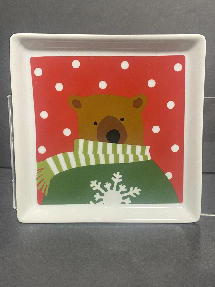 CRATE and BARREL Winter Teddy Bear Square Appetizer 6"X 6" Plate Joan Anderson - Image 3 of 4