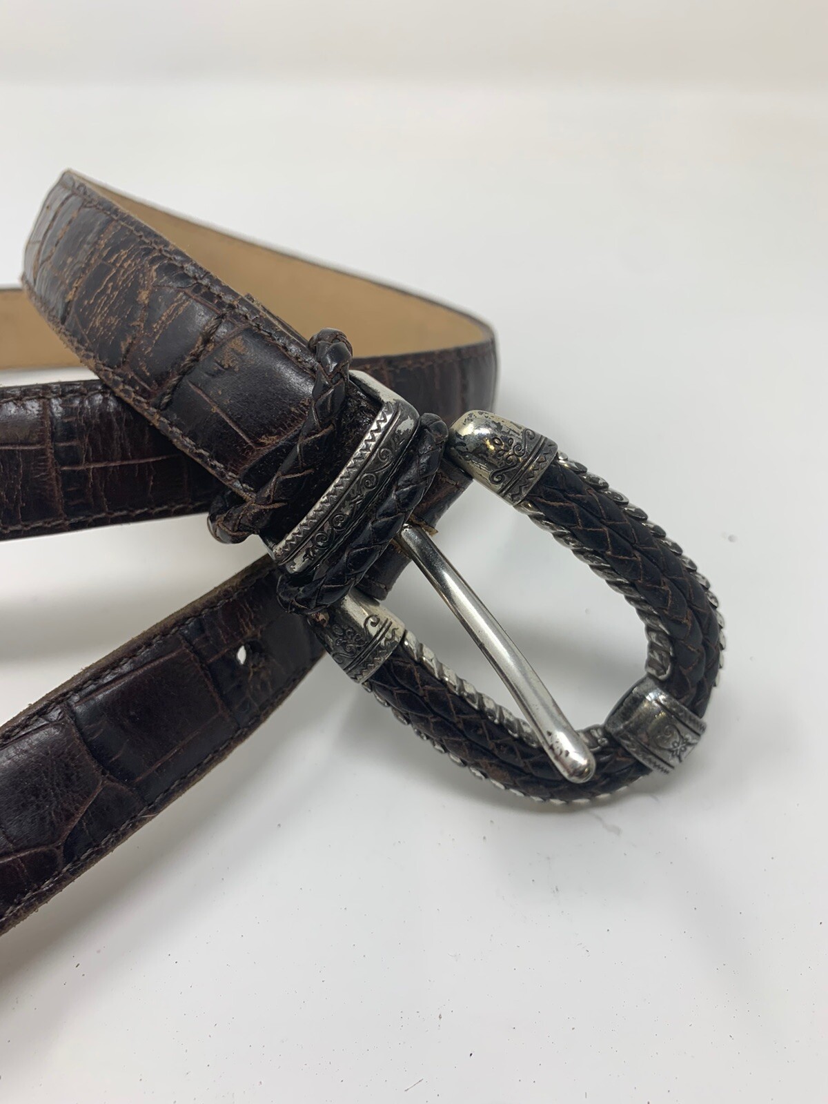 Vtg Brown Leather BRIGHTON Distressed Croc Embossed B… Gem