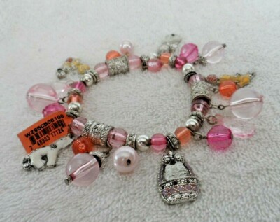 Pink Kitty Cat theme bead stretch bracelet by Arabella