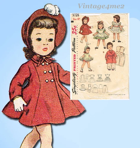 1950s Vintage Simplicity Sewing Pattern 3728 Toni Doll Clothes 16  Inch Complete