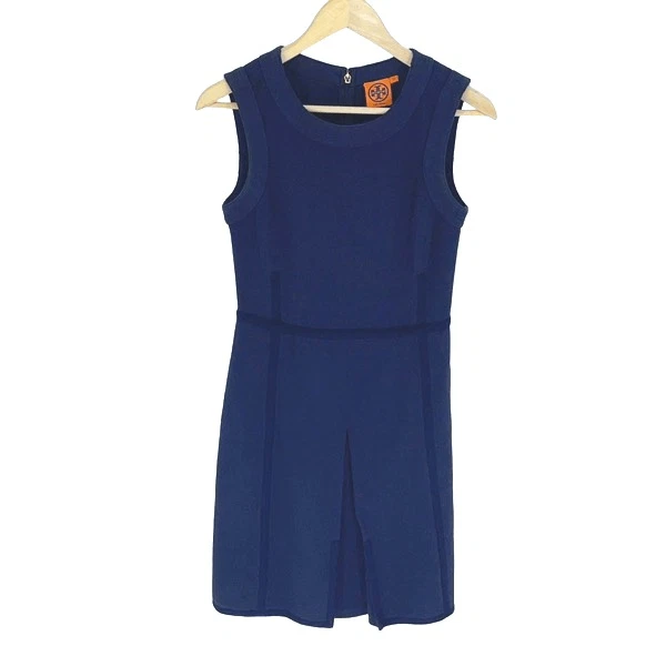 Abito Tory Burch Addis Normandy invertito plissettato senza maniche girocollo blu navy XS