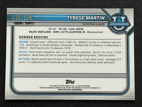 Tyrese Martin ~ 2021-22 Bowman University refractor púrpura #/299 ~ UCONN / REDES - Imagen 2 de 3