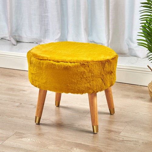 Modern Oval Faux Fur Ottoman Plush Padded Pouf w/ Wood Legs for Cozy Home Decor - Picture 62 of 80