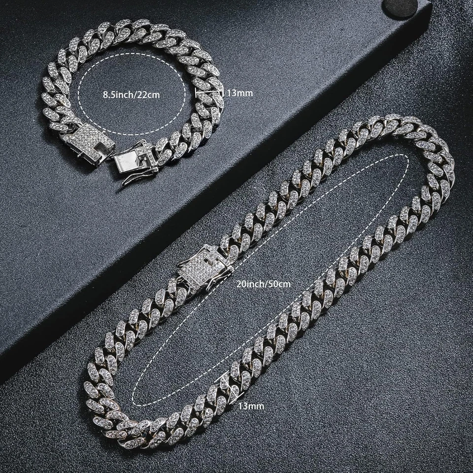 Cadena de eslabones cubanos para hombre, collar y pulsera de plata, cadenas cubanas de Miami, bling D Foto 3 de 4