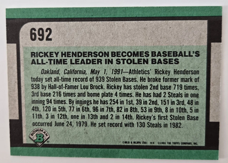 1991 Bowman #692 Rickey Henderson Leader Stolen Bases Oakland Athletics - Image 2 of 2
