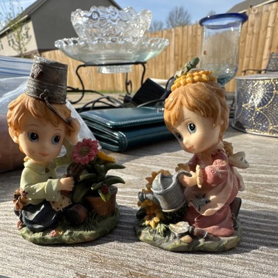 Hand Painted Resin Garden Children Figurines Set of 2 Multicolor Traditional