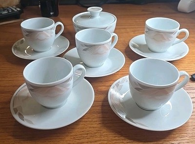 Vintage CP Colditz Porcelain Coffee Set Pink Grey Leaf GDR East Germany 11pc