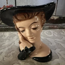 Lady Head Vase Black Hat 4.5” Height Decor